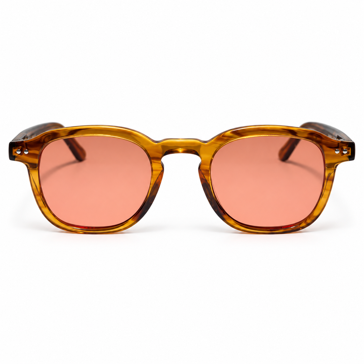 Virgilio C3 vue de face, monture ambre translucide marbrée de brun et verres rosés